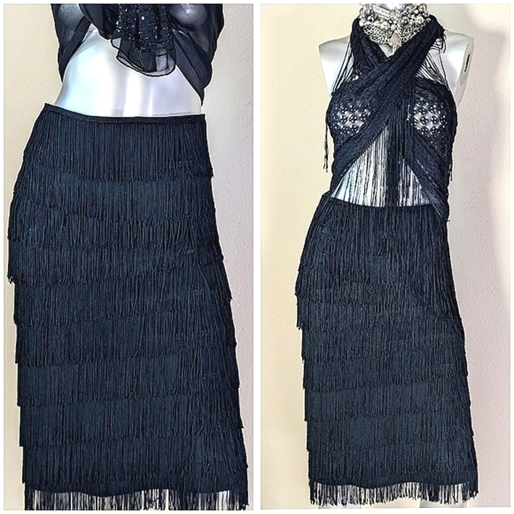EXPRESS Layered Fringe Grunge Party Cocktail Ballroom Y2K Skirt Dress